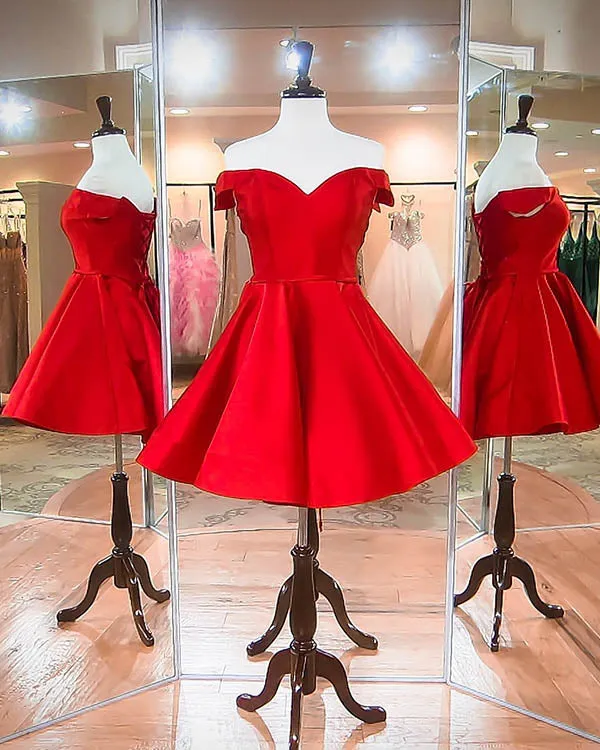 2018 Off The Shoulder Red Satin Short Homecoming Dresses Fashion V-Neck Prom Party Gowns Cocktail Dress