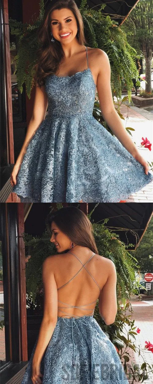 A-line Spaghetti Straps Lace Backless Short Homecoming Dress, HD0161