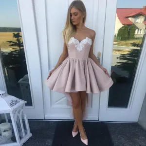A-Line Sweetheart High Low Blush Pink Lace  Appliques Cheap Homecoming Dresses, QB0071