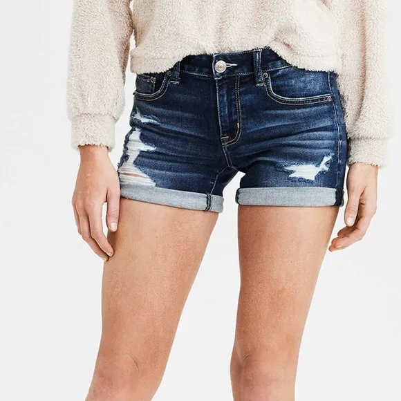 AMERICAN EAGLE Womens Teen Dark Wash Distressed Midi Shorts Size 00
