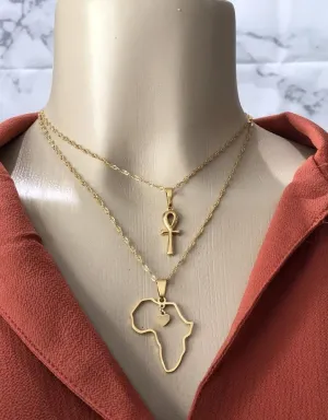 Ankh necklace and africa map necklace 2 piece set