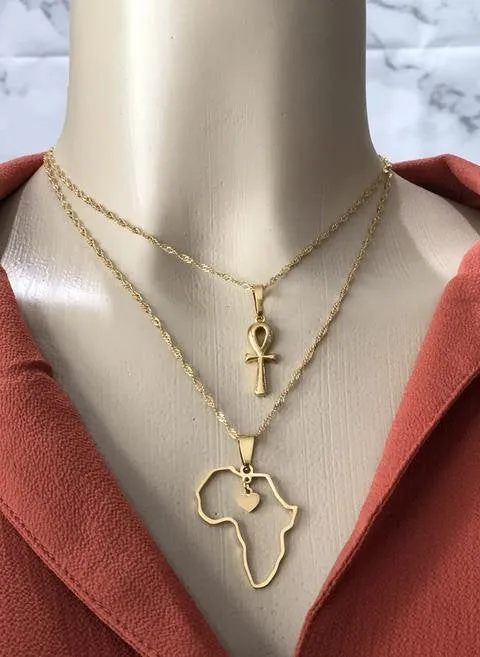 Ankh necklace and africa map necklace 2 piece set