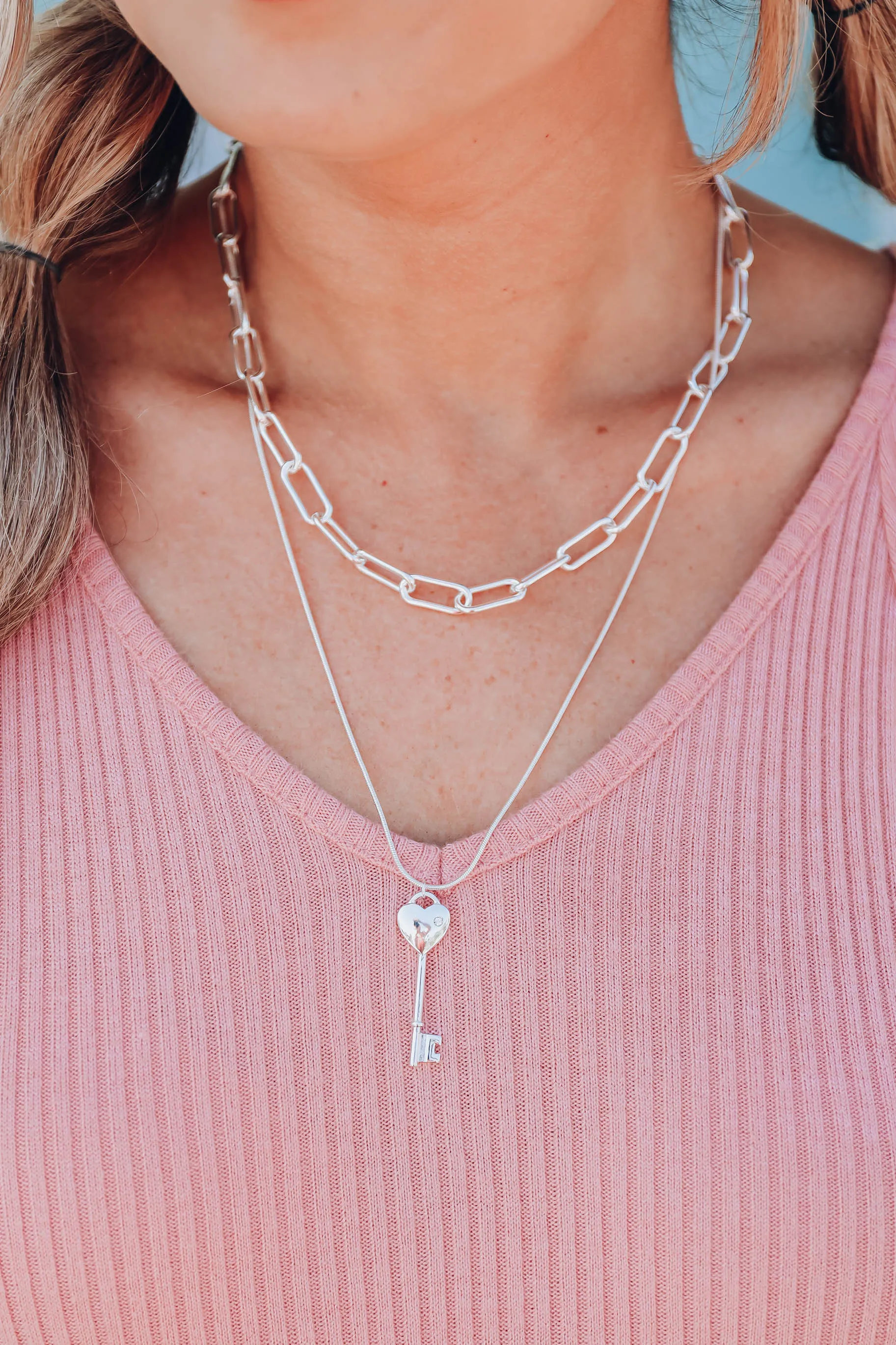Ari Key Pendant Layered Necklace - Silver