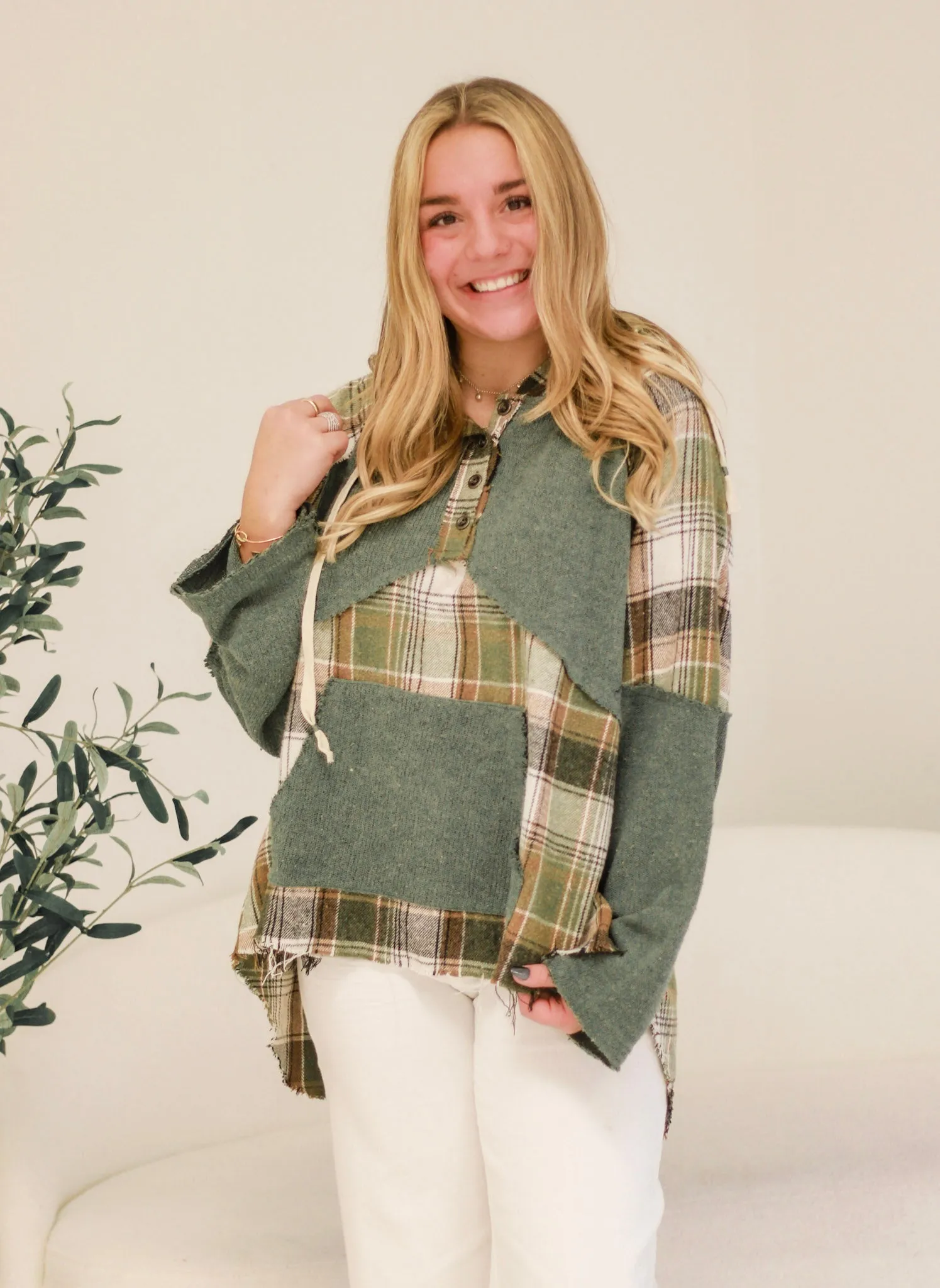 Around the Bonfire Plaid Hoodie in Olive