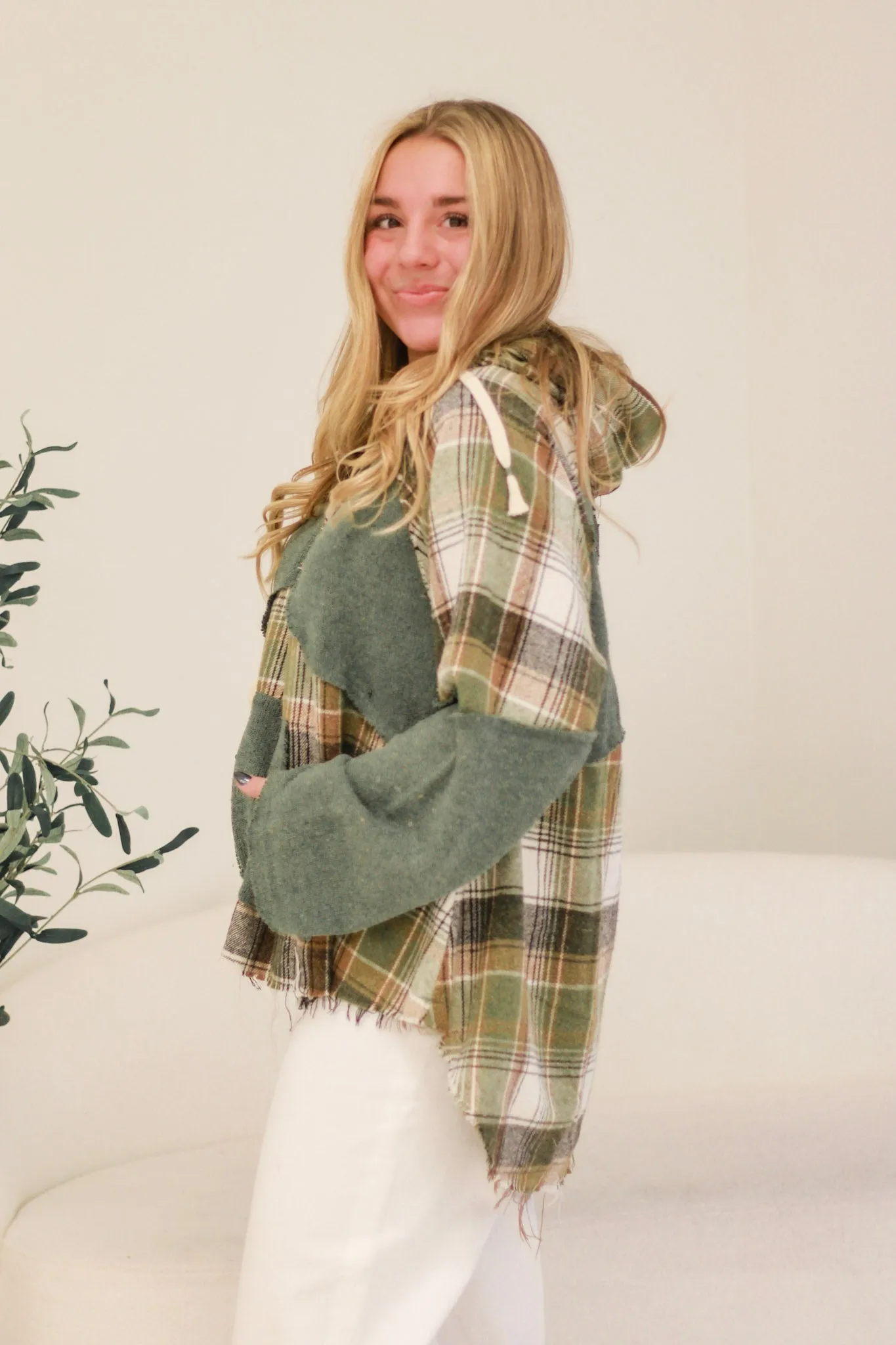 Around the Bonfire Plaid Hoodie in Olive