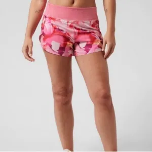 ATHLETA Run With It Shorts Floral Printed 3.5” Inseam Pink Red Energy Coral