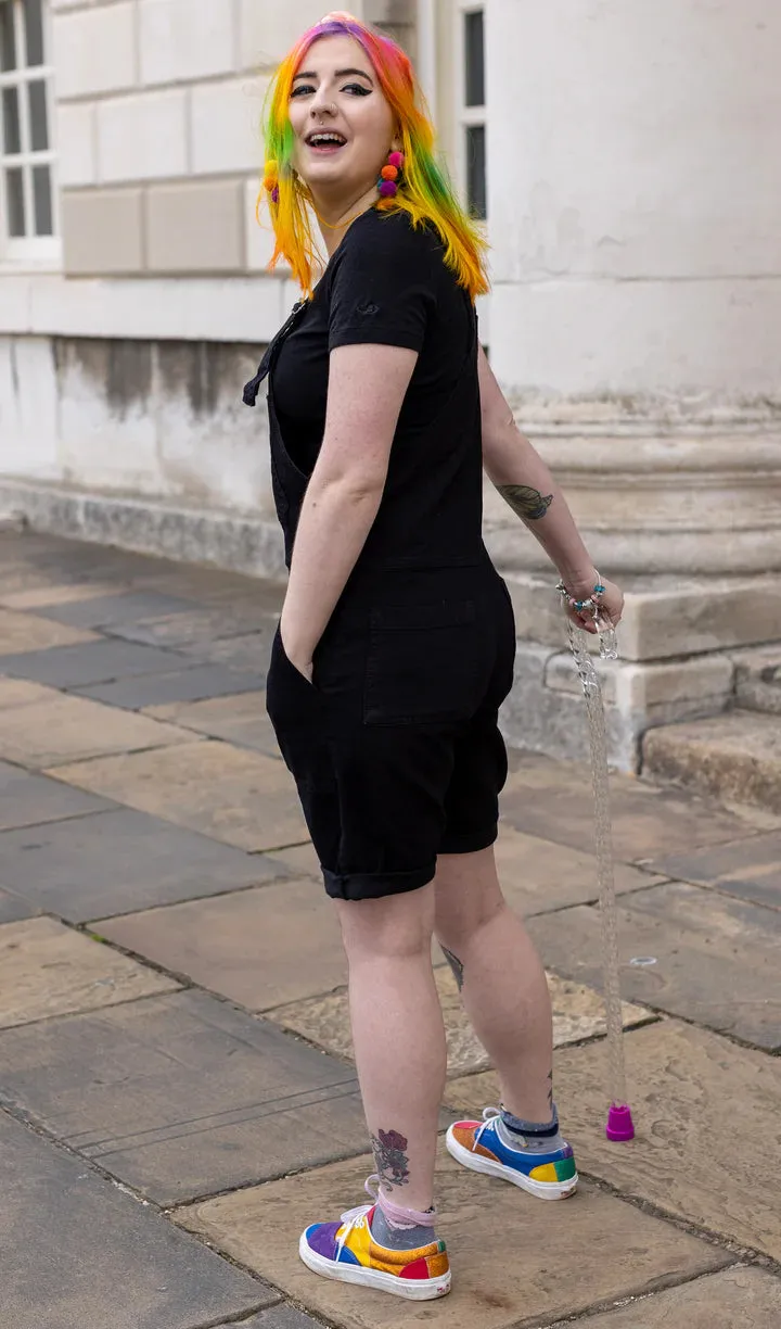 Black Denim Stretch Dungaree Shorts