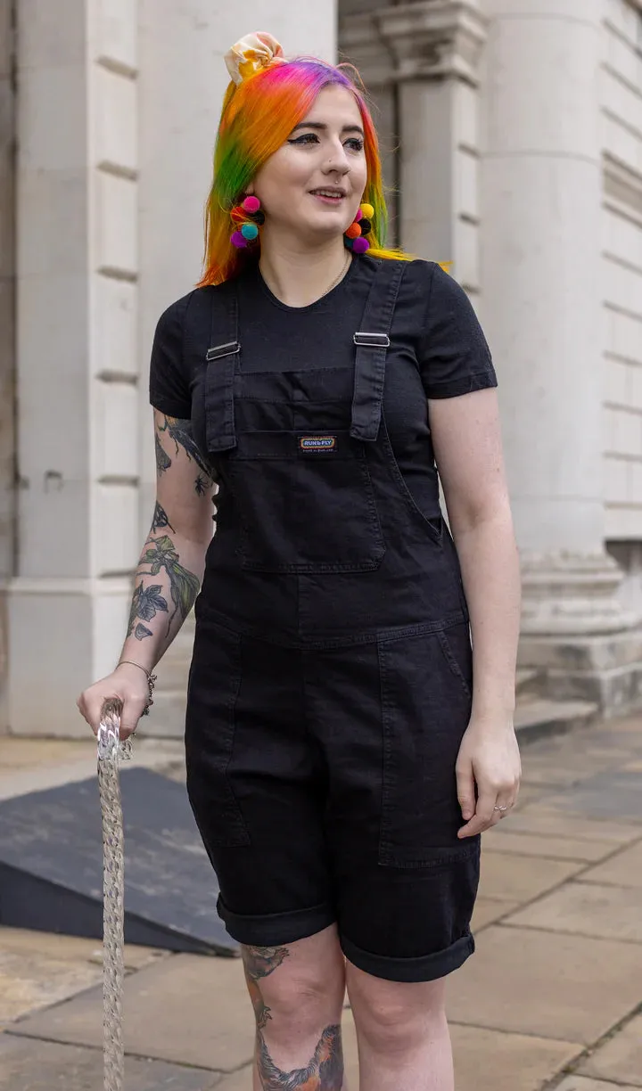 Black Denim Stretch Dungaree Shorts