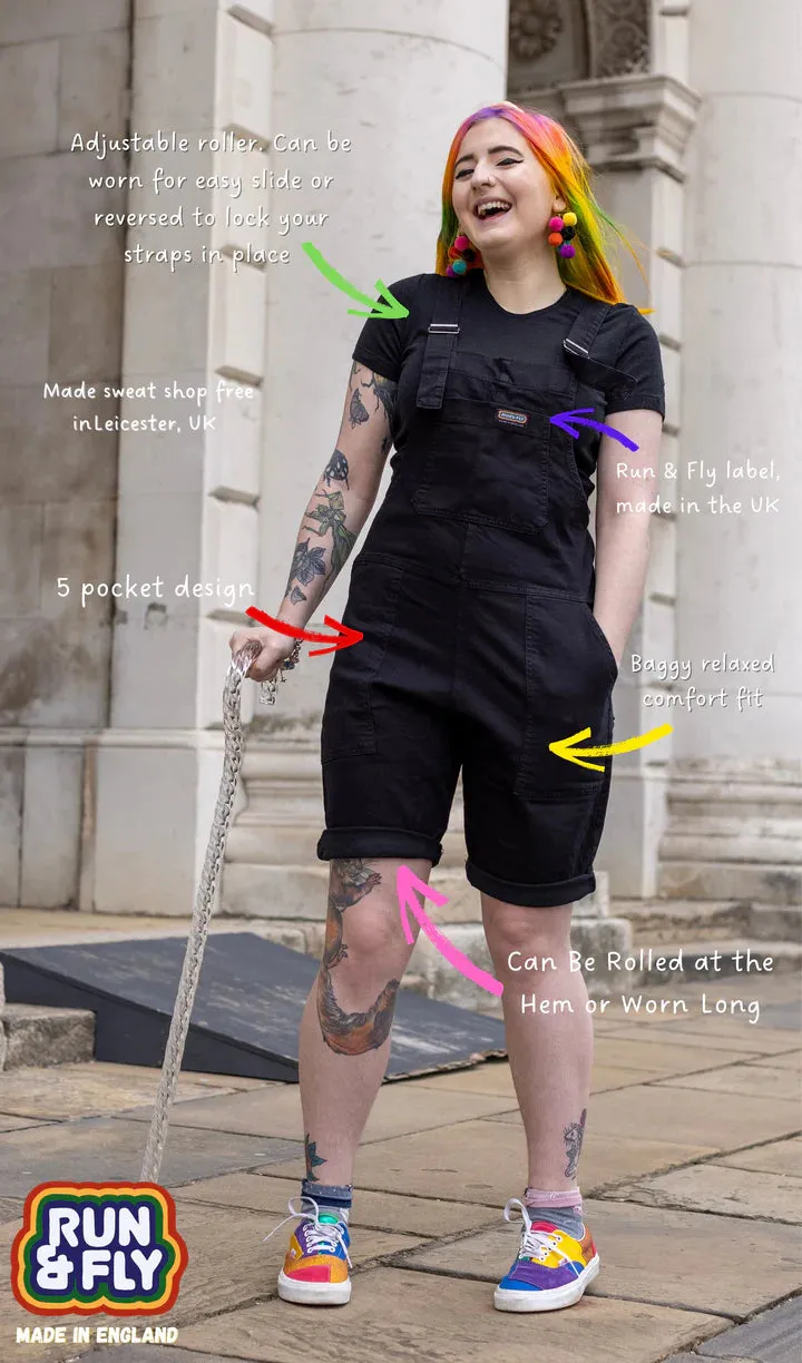 Black Denim Stretch Dungaree Shorts