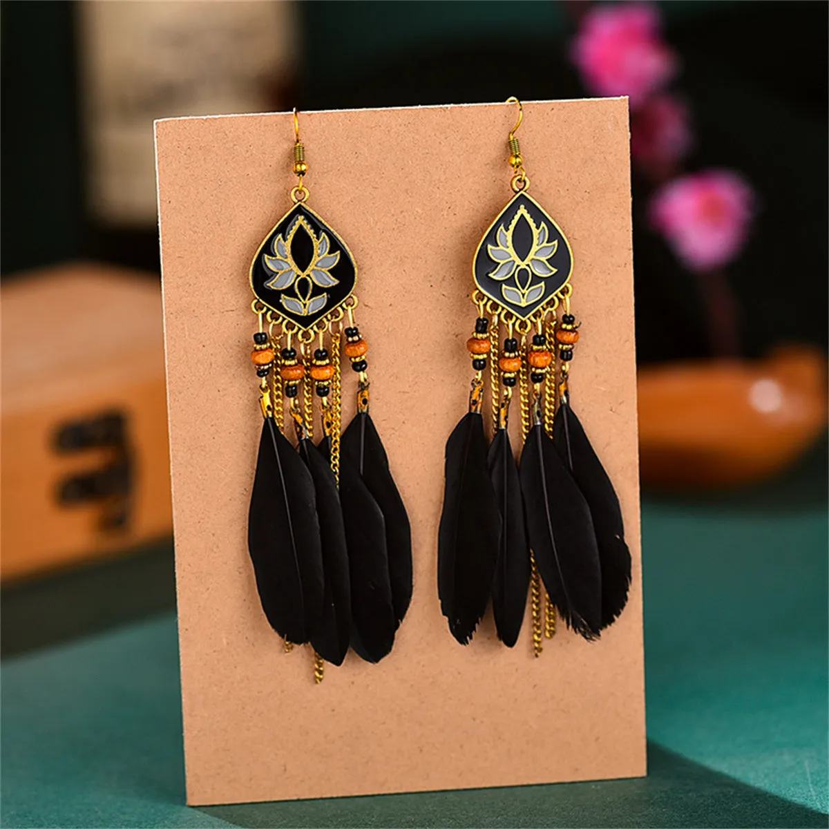 Black Feather & Resin Drop Earrings