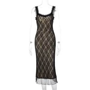 Black Lace Slip Dress Spaghetti Strap Frill Midi Dress Sexy Bodycon Night Club Party Dress