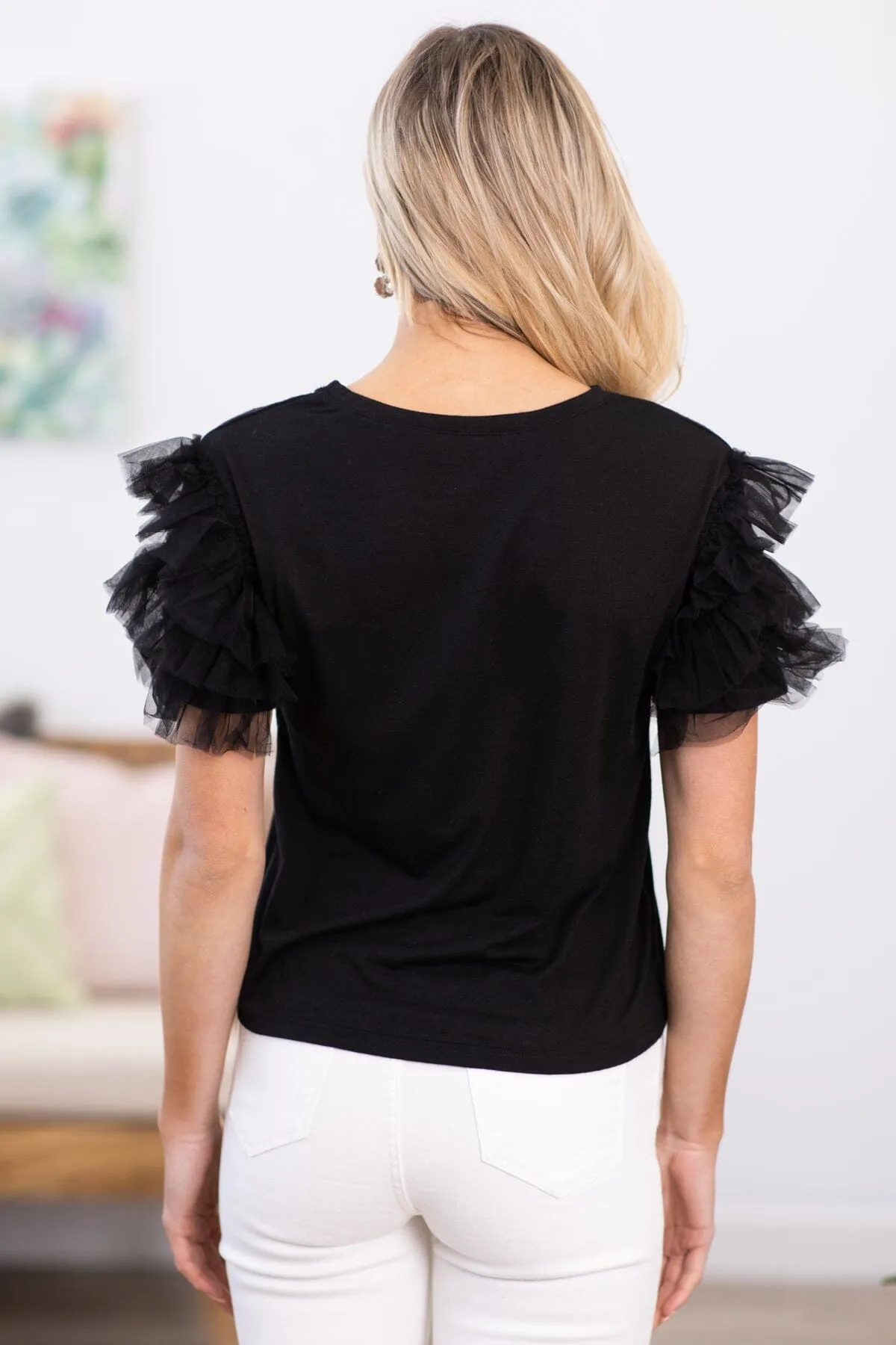 Black Layered Tulle Sleeve Top