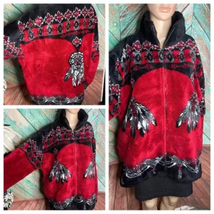 Black Mountain Red &amp; Black Fleece Jacket Full Zip Native American Dreamcatcher