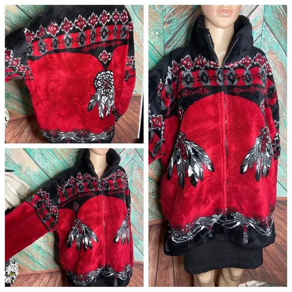 Black Mountain Red &amp; Black Fleece Jacket Full Zip Native American Dreamcatcher