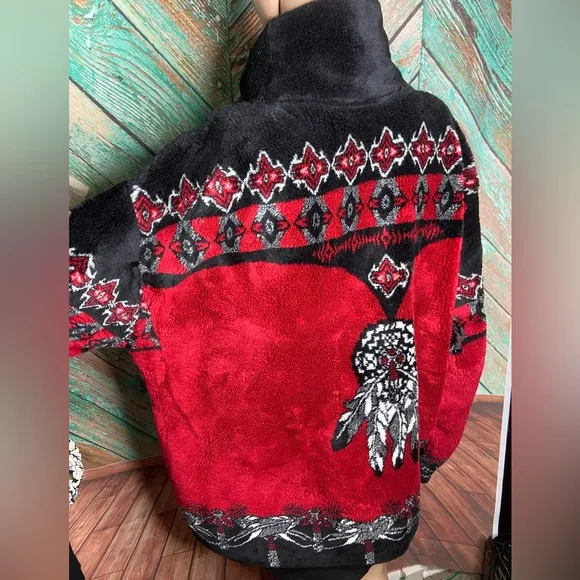 Black Mountain Red &amp; Black Fleece Jacket Full Zip Native American Dreamcatcher