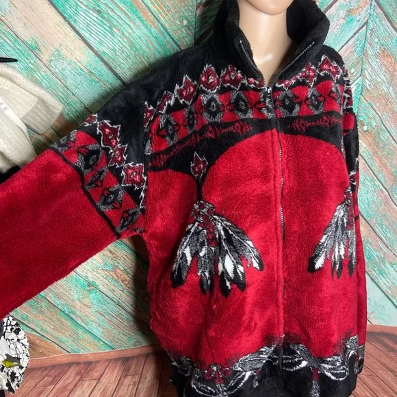 Black Mountain Red &amp; Black Fleece Jacket Full Zip Native American Dreamcatcher