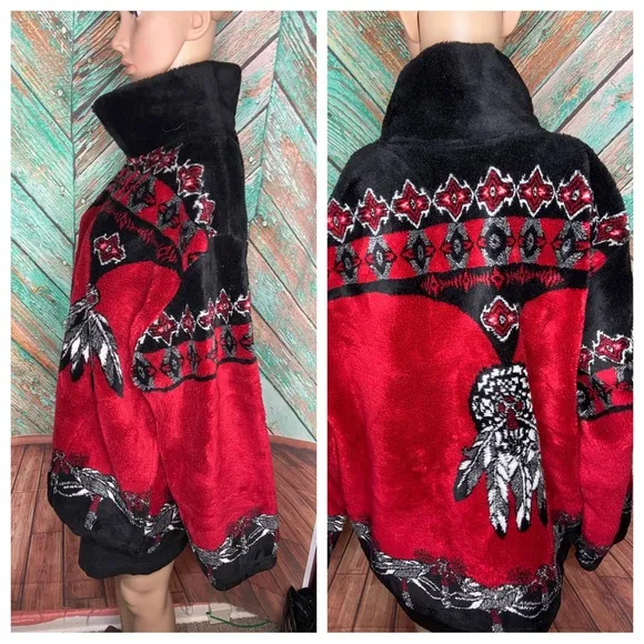 Black Mountain Red &amp; Black Fleece Jacket Full Zip Native American Dreamcatcher