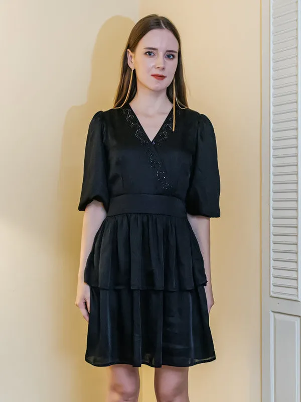 Black Solid Layered Short Dress