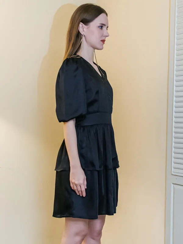 Black Solid Layered Short Dress