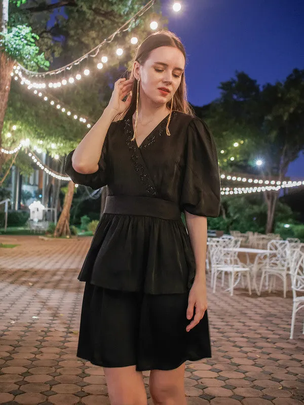 Black Solid Layered Short Dress