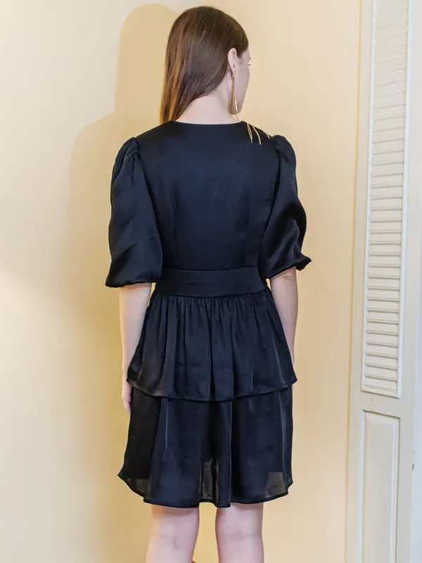 Black Solid Layered Short Dress