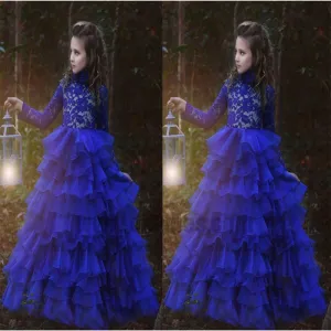 Blue Halter Long Sleeve Lace Tulle Flower Girl Dresses With Ruffles, TYP0769