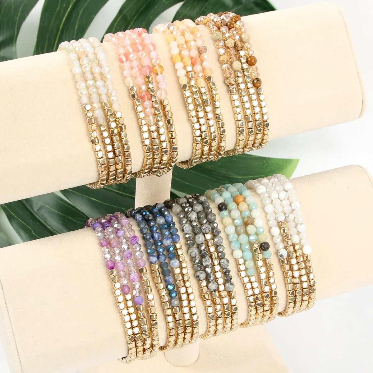 Brass, Stone, & Glass Four Beaded Bracelet Set- 5 Colors