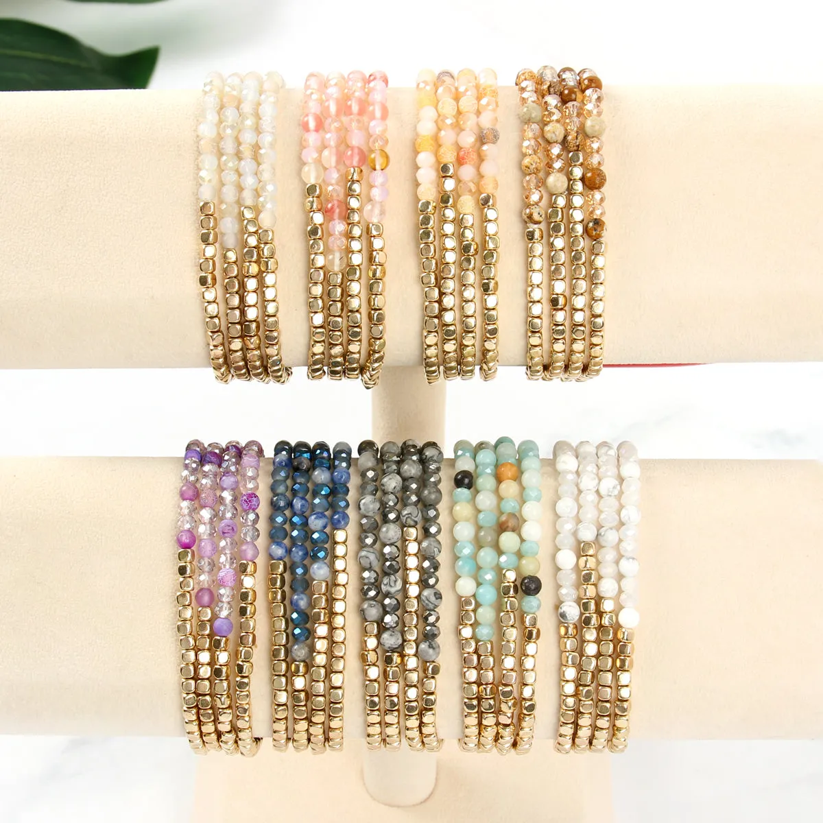Brass, Stone, & Glass Four Beaded Bracelet Set- 5 Colors