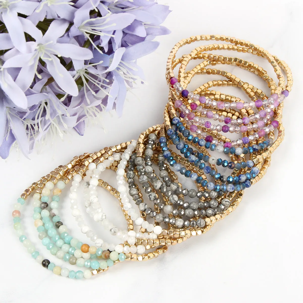 Brass, Stone, & Glass Four Beaded Bracelet Set- 5 Colors