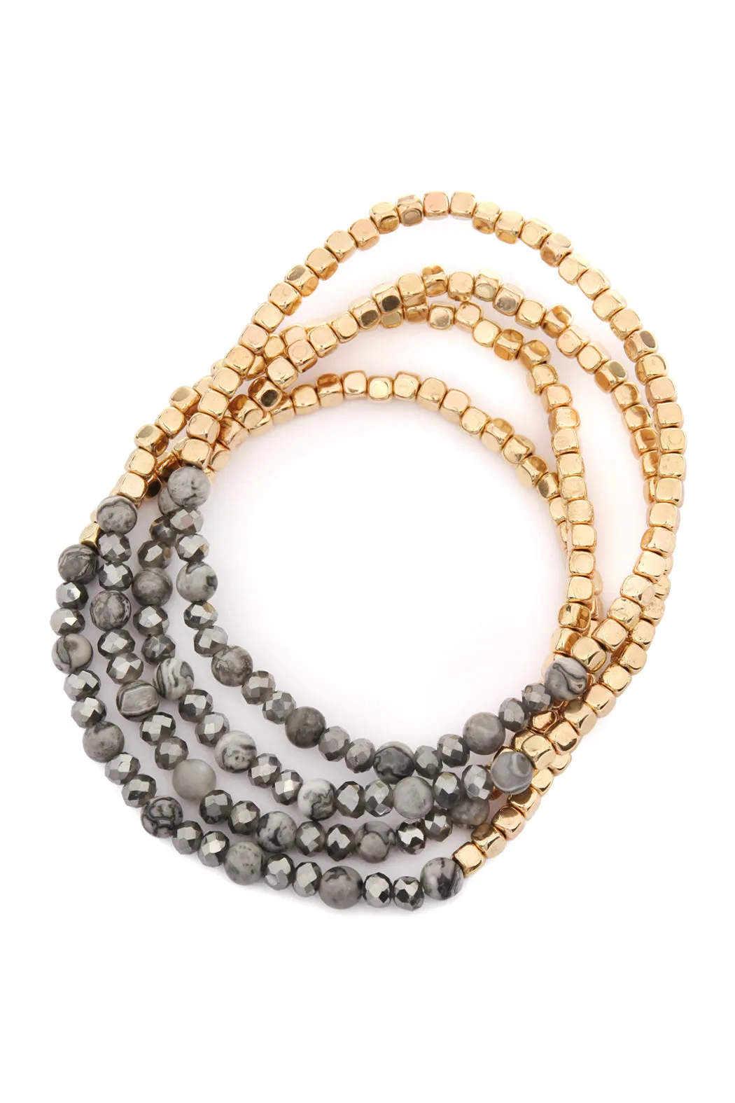 Brass, Stone, & Glass Four Beaded Bracelet Set- 5 Colors