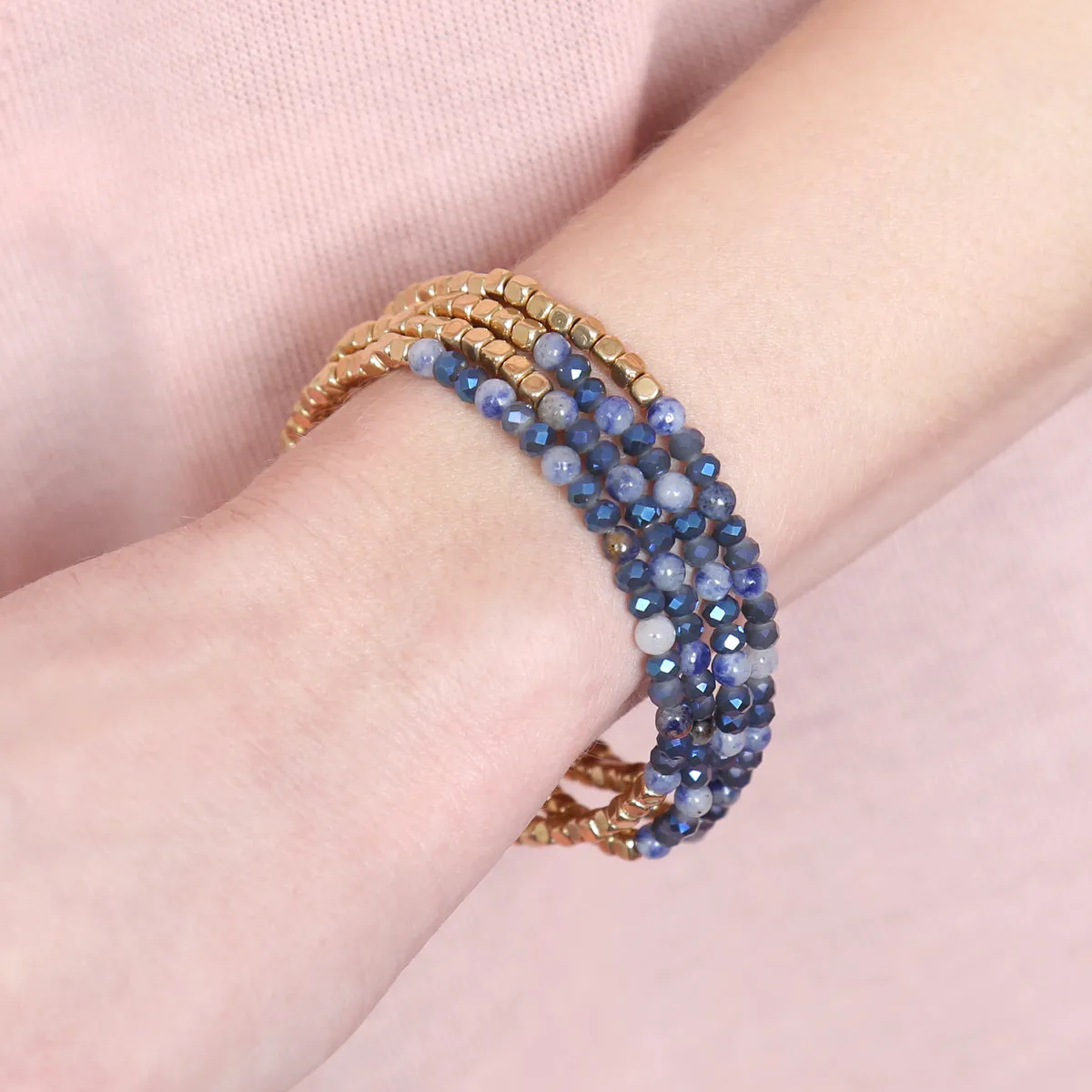 Brass, Stone, & Glass Four Beaded Bracelet Set- 5 Colors