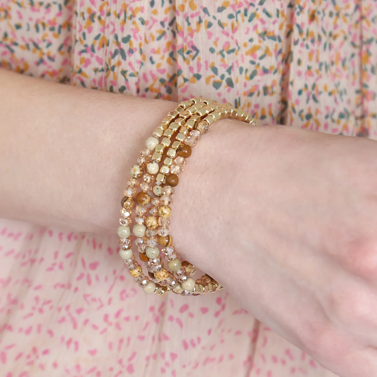 Brass, Stone, & Glass Four Beaded Bracelet Set- 5 Colors