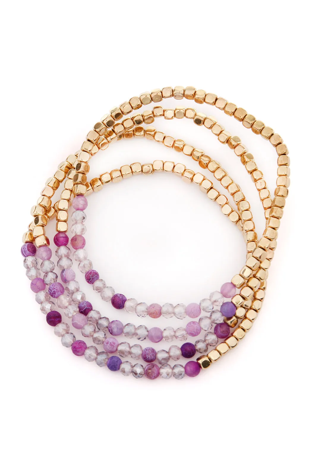 Brass, Stone, & Glass Four Beaded Bracelet Set- 5 Colors
