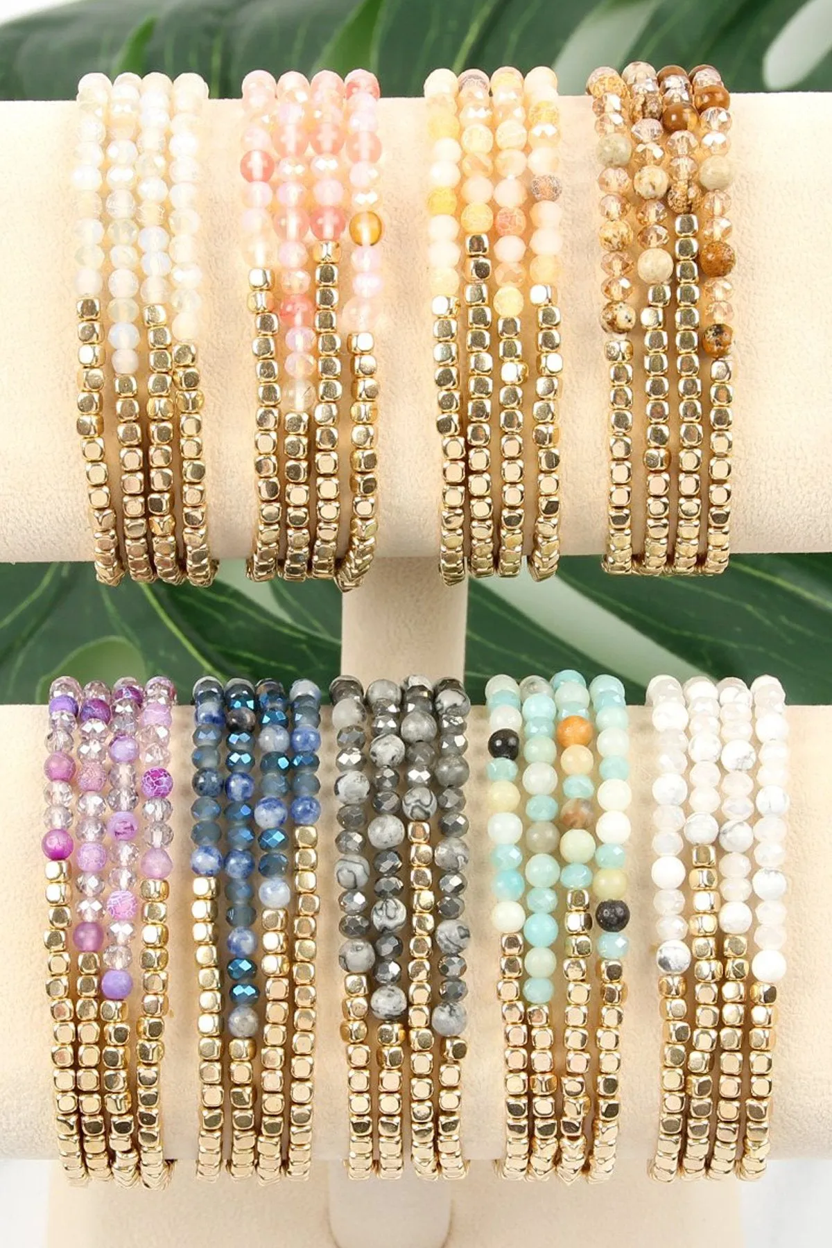 Brass, Stone, & Glass Four Beaded Bracelet Set- 5 Colors