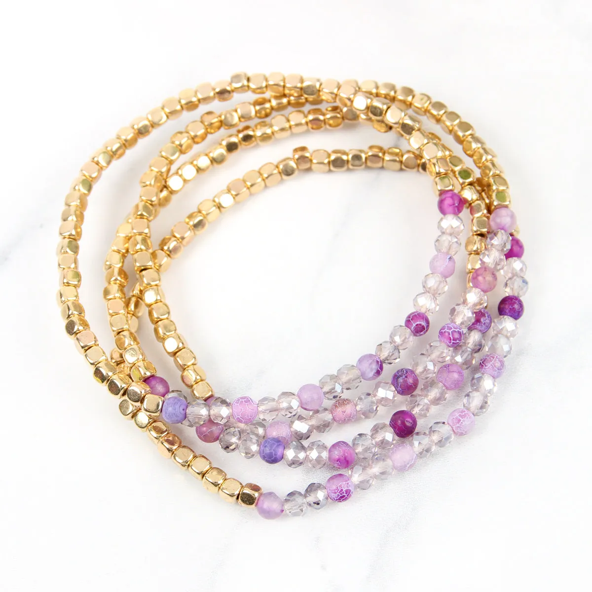 Brass, Stone, & Glass Four Beaded Bracelet Set- 5 Colors