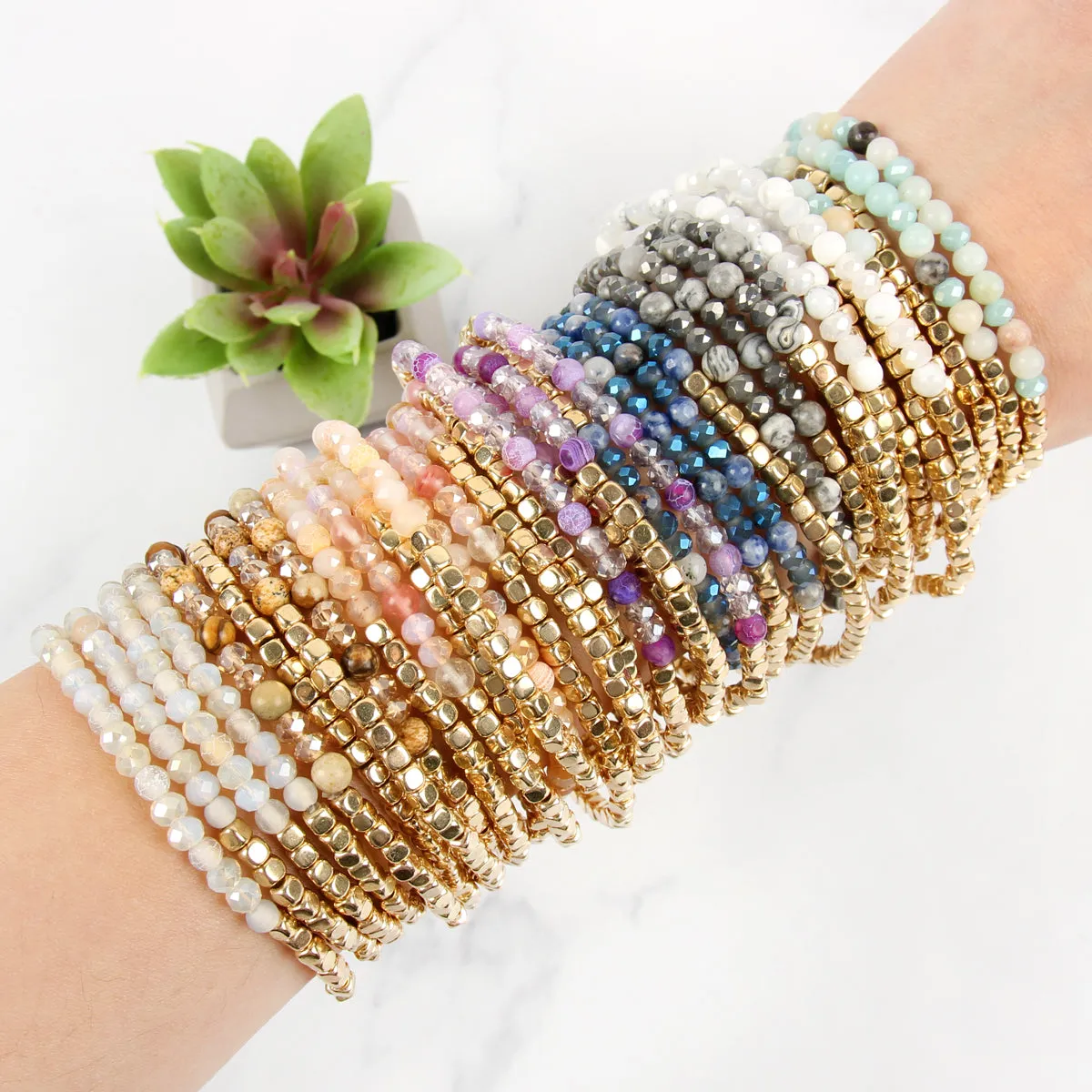 Brass, Stone, & Glass Four Beaded Bracelet Set- 5 Colors