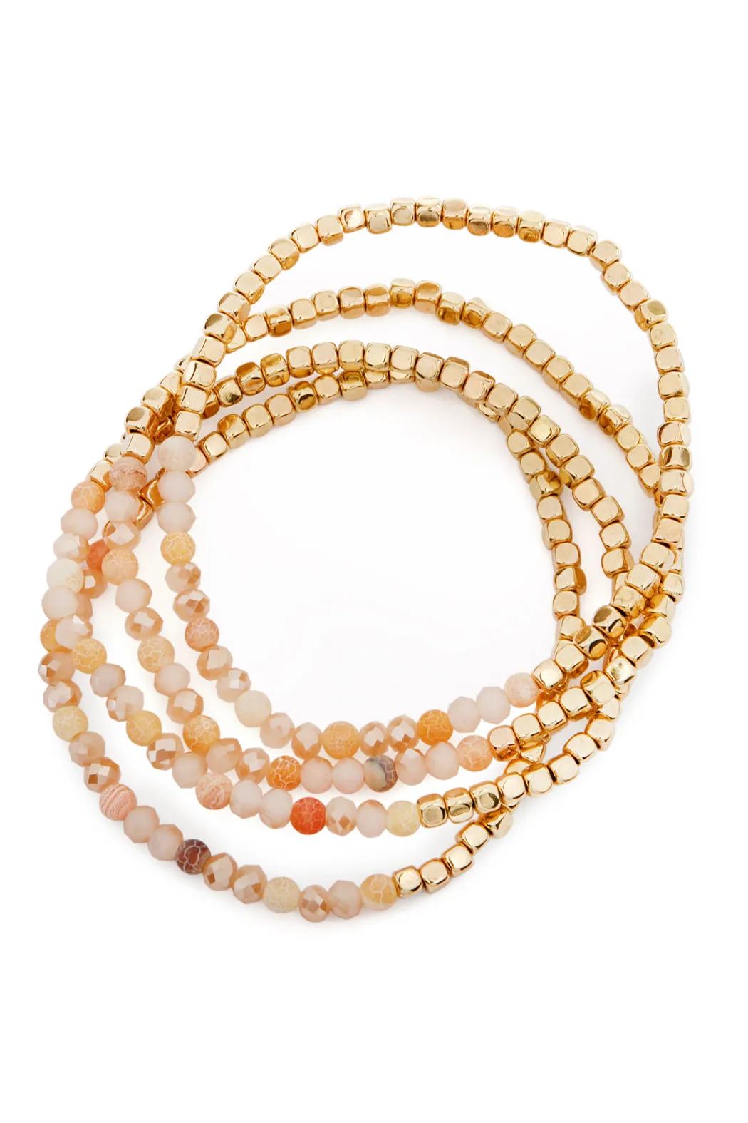 Brass, Stone, & Glass Four Beaded Bracelet Set- 5 Colors