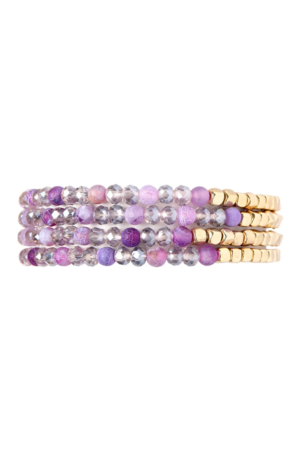 Brass, Stone, & Glass Four Beaded Bracelet Set- 5 Colors