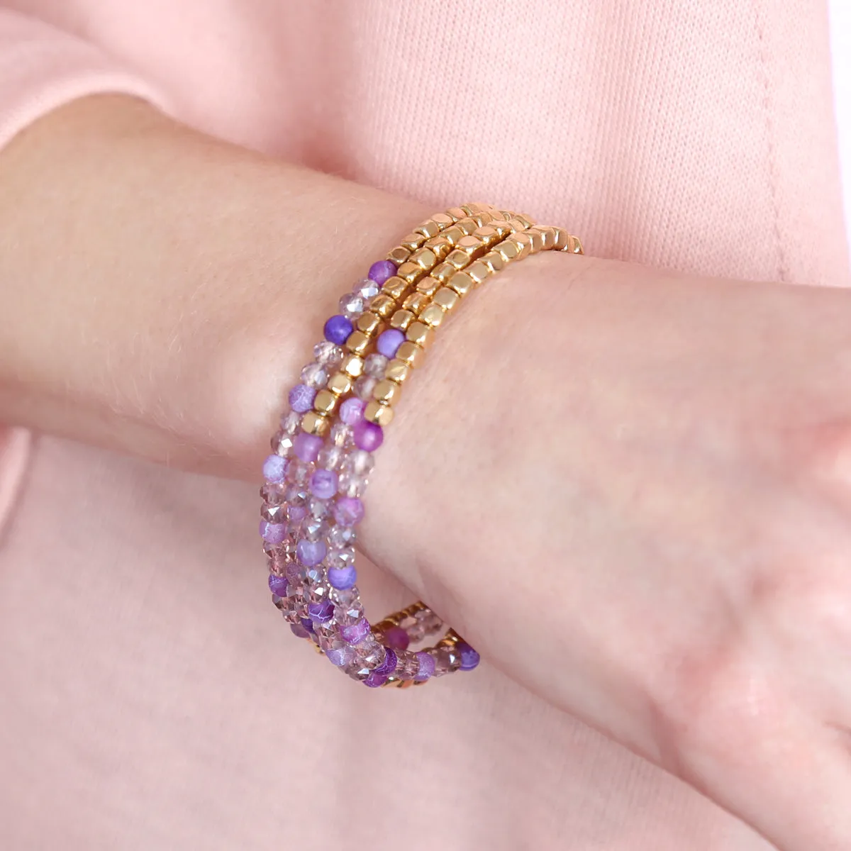 Brass, Stone, & Glass Four Beaded Bracelet Set- 5 Colors