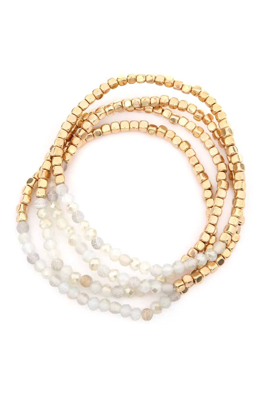 Brass, Stone, & Glass Four Beaded Bracelet Set- 5 Colors