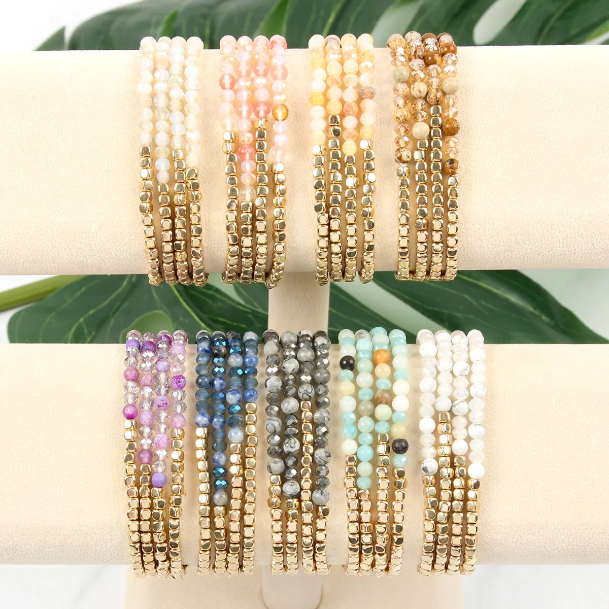 Brass, Stone, & Glass Four Beaded Bracelet Set- 5 Colors