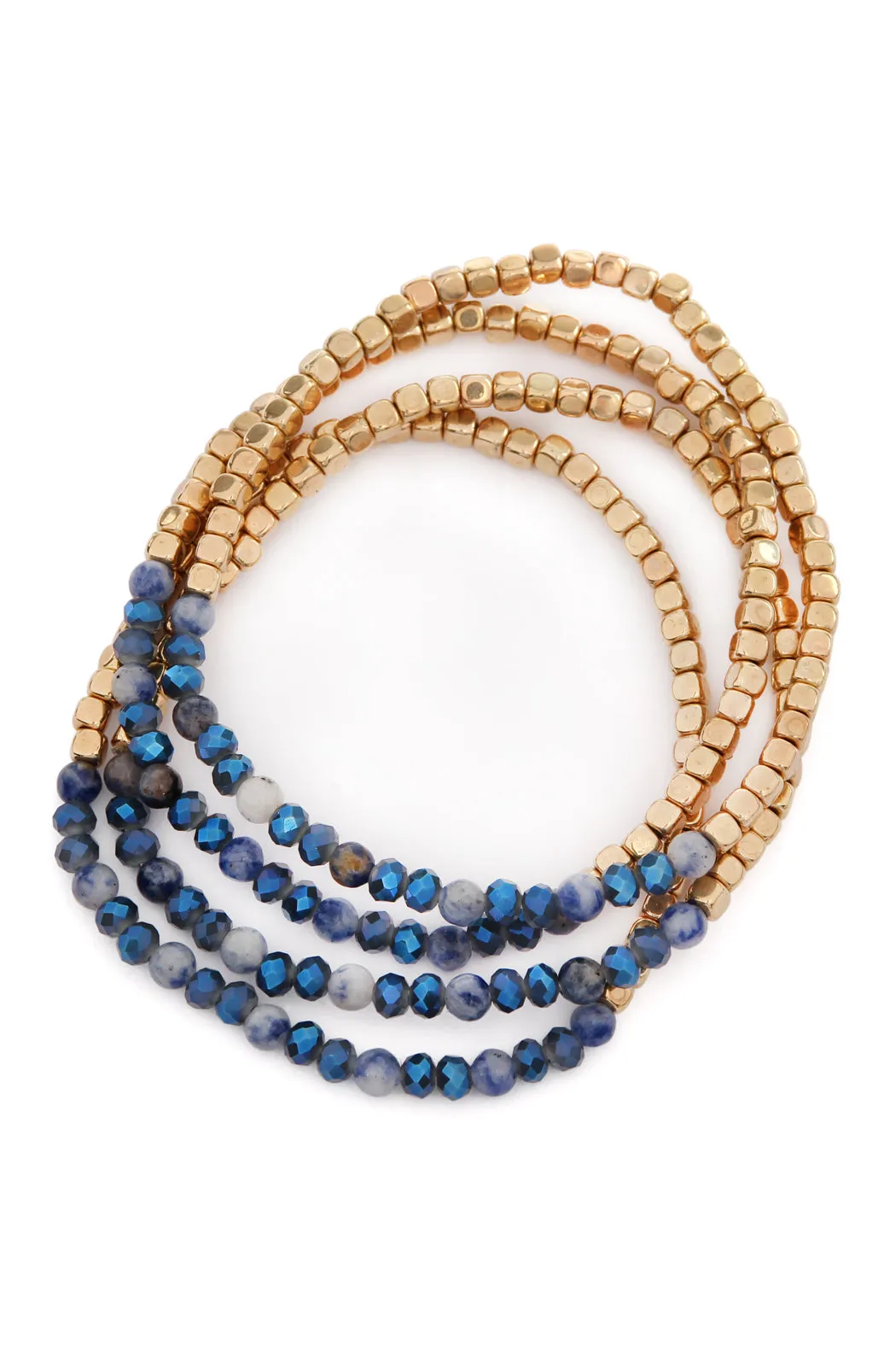 Brass, Stone, & Glass Four Beaded Bracelet Set- 5 Colors