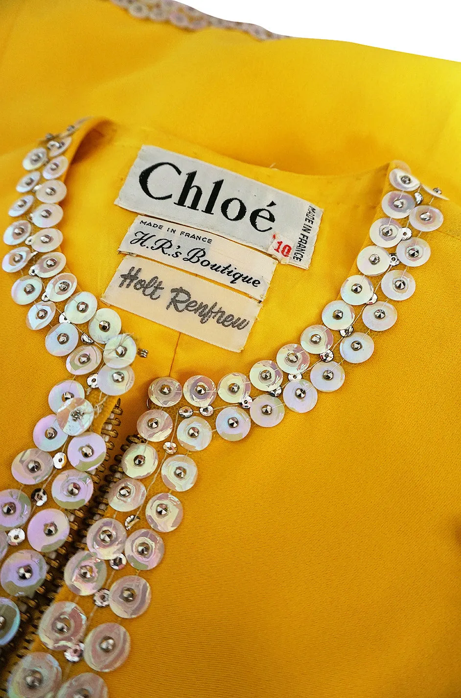 c1967 Chloe by Karl Lagerfeld Stud & Paillettes Yellow Mini Dress