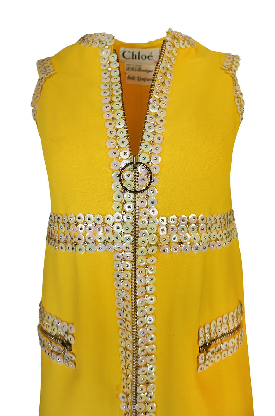 c1967 Chloe by Karl Lagerfeld Stud & Paillettes Yellow Mini Dress