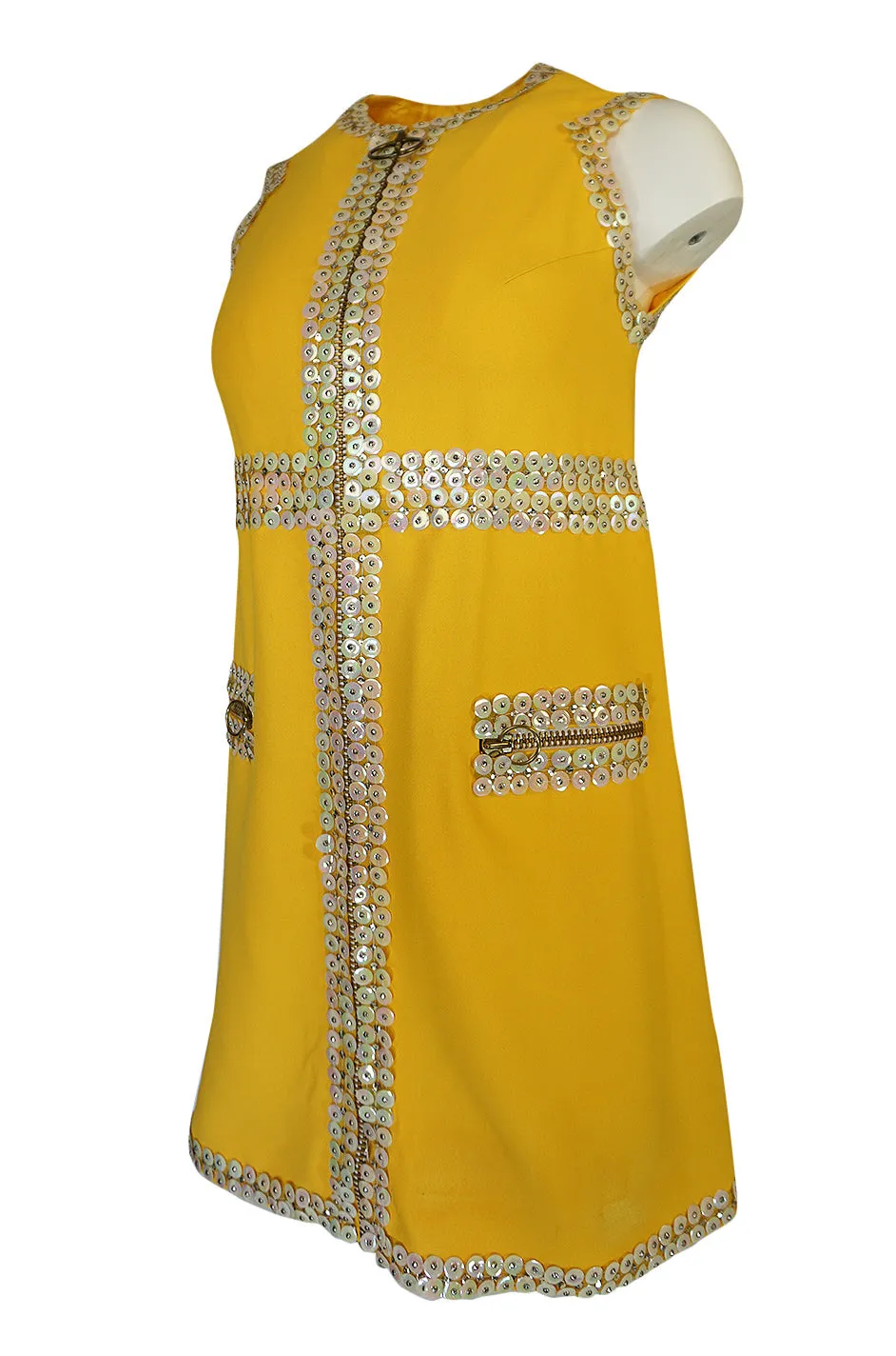 c1967 Chloe by Karl Lagerfeld Stud & Paillettes Yellow Mini Dress