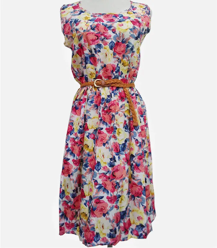 Casual Fashion plus size Work women's party dress   belt Flower prints dresses nz18