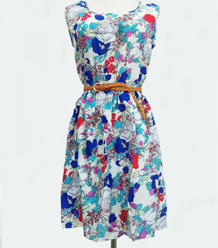 Casual Fashion plus size Work women's party dress   belt Flower prints dresses nz18