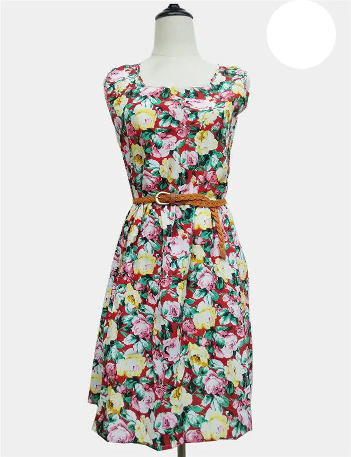 Casual Fashion plus size Work women's party dress   belt Flower prints dresses nz18