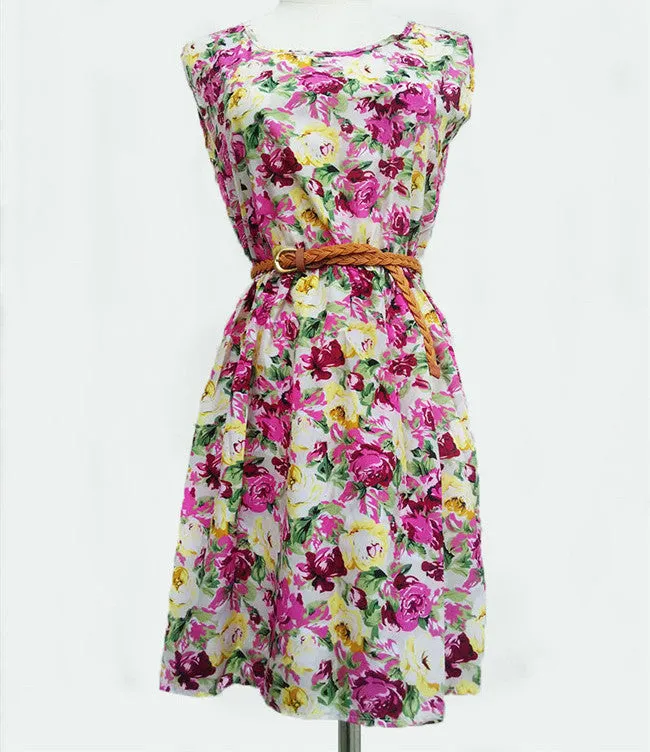 Casual Fashion plus size Work women's party dress   belt Flower prints dresses nz18
