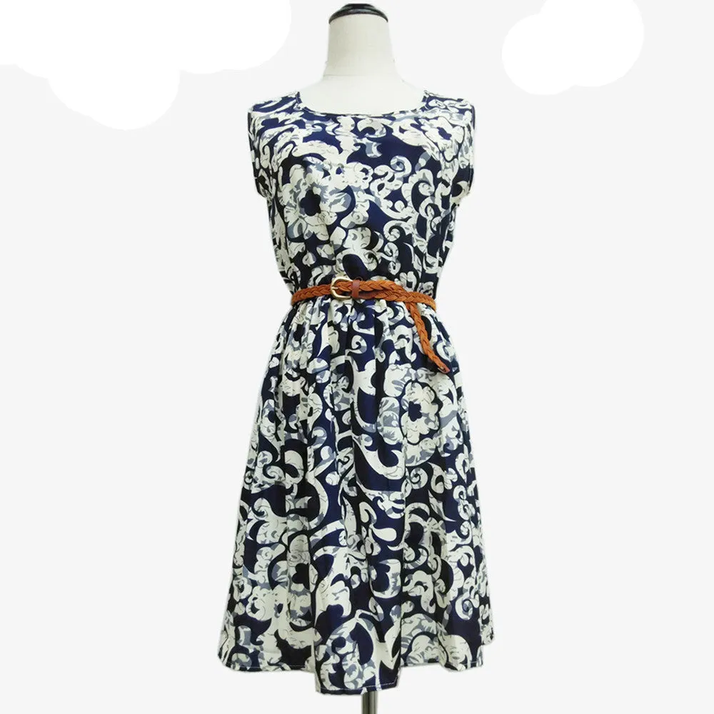 Casual Fashion plus size Work women's party dress   belt Flower prints dresses nz18